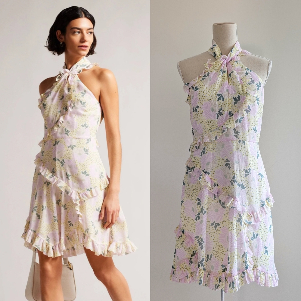 Like New Ted Baker Sutton Twist Neck Frill Detail Floral Halter Neck Dress